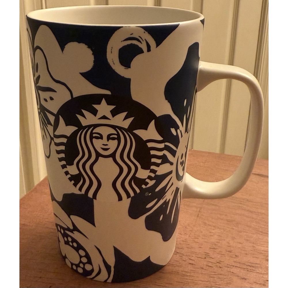 Starbucks‎ Aloha Matte Hibiscus Floral Mug- Blue/White Hawaiian - 16oz -2015